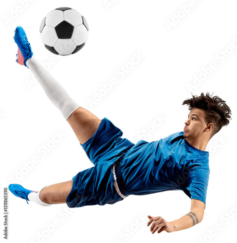 Dynamic image of determined man, soccer player in blue uniform hitting ball in motion and falling down isolated on transparent background. Concept of sport, competition, tournament, games