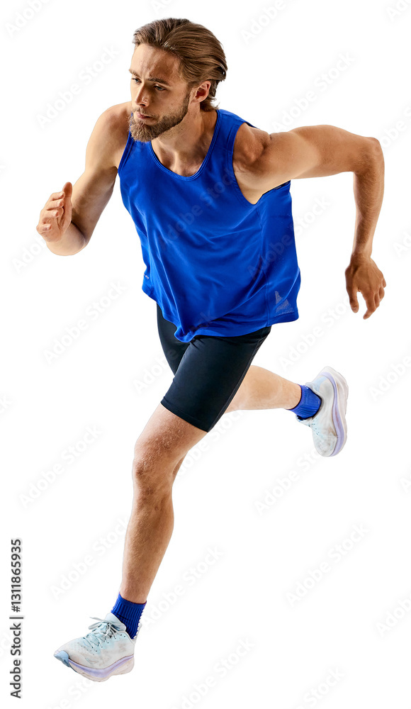 Fototapeta premium Muscular athletic man, running athlete in motion, training, growing athletic spirit isolated on transparent background. Concept of sport, marathon, competition, active lifestyle.