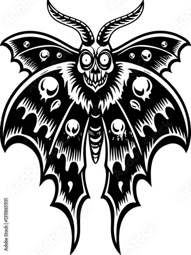 SVG vector features insectoid monstrous demons with eldritch designs.  Intricate Black and White Moth Illustration with Unique Design