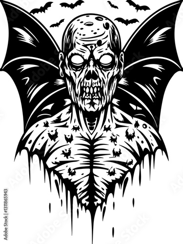 SVG vector features insectoid monstrous demons with eldritch designs.  Dark Zombie with Bat Wings and Creepy Effects