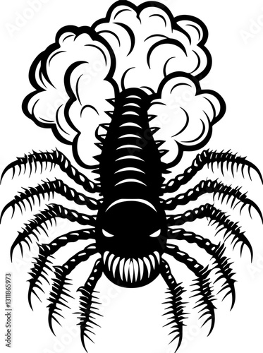 SVG vector features insectoid monstrous demons with eldritch designs.  Fierce Black and White Illustration of a Spider with Smoke