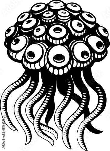 SVG vector features insectoid monstrous demons with eldritch designs.  Intricate Black and White Jellyfish Design with Circles