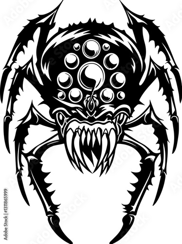 SVG vector features insectoid monstrous demons with eldritch designs.  Intricate Black Spider Illustration with Detailed Features