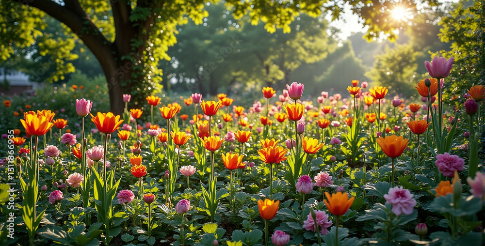 Obraz premium Vibrant Spring Flower Garden at Sunrise