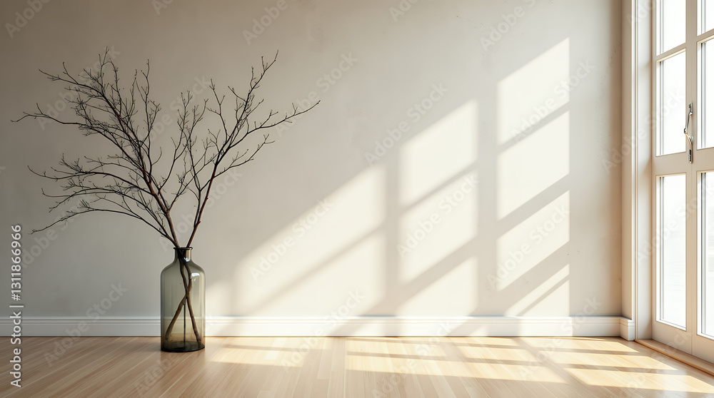 Branch in glass vase on floor. Sunlight on concrete wall with copy space. Home interior background of living room. Branch in glass vase on floor. Sunlight on concrete wall with copy space. Home interior background of living room.