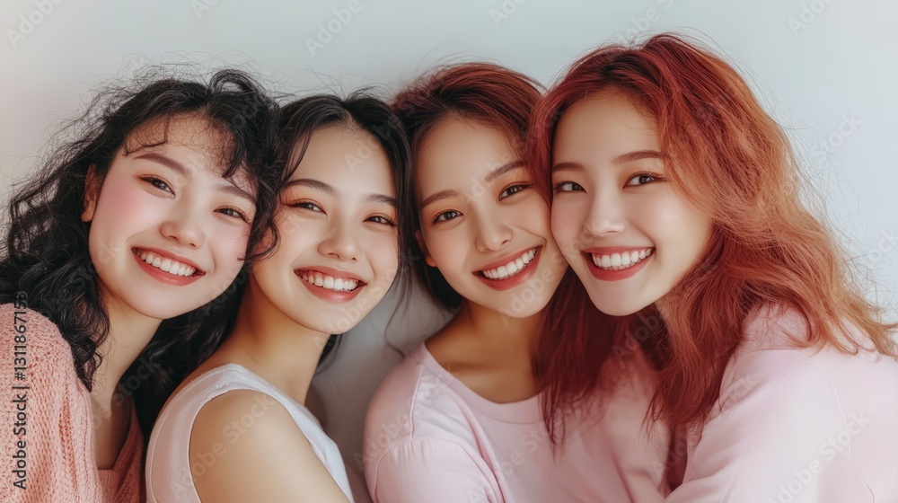 Fototapeta premium Close Up Portrait of Four Smiling Young Women with Pink Pastel