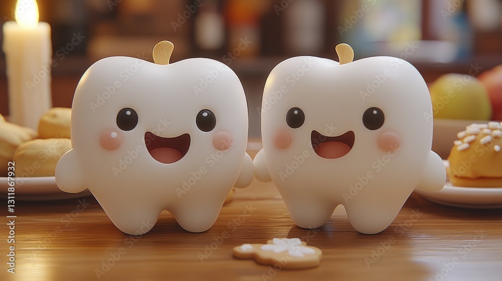 Obraz premium Cute happy tooth-shaped characters with smiling faces in cozy setting. Thanksgiving Day, Turkey Day, Harvest Festival - American Holiday Celebration, Family Gratitude Gathering