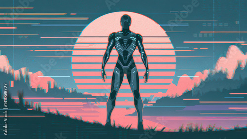 Futuristic Humanoid Robot Silhouette at Sunset in Neon Sci-Fi Landscape