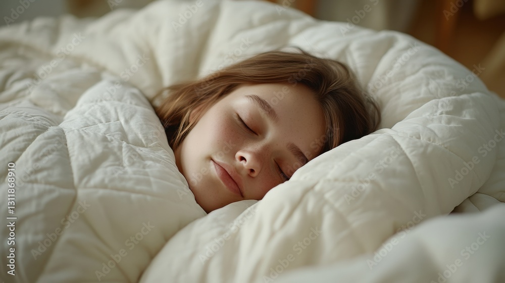 A woman peacefully sleeping in a bed, covered with a fluffy white comforter. A woman peacefully sleeping in a bed, covered with a fluffy white comforter.
