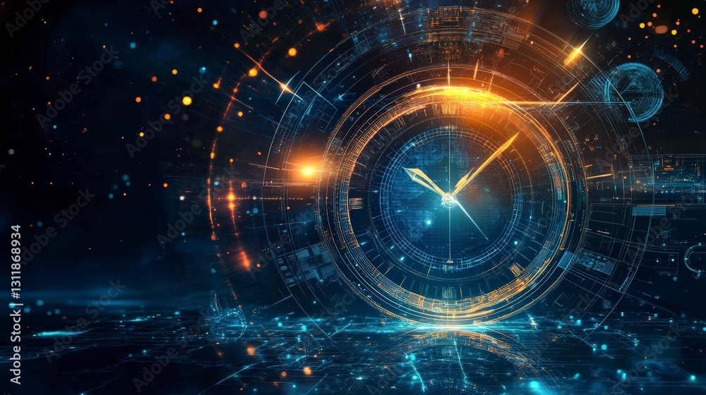 Obraz premium Digital Clock Abstract Futuristic Data Streams Dark Blue Orange
