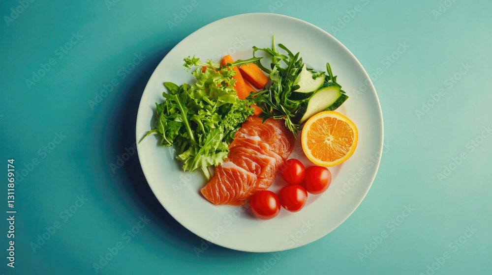 Fresh salmon salad with vegetables and citrus on blue background Fresh salmon salad with vegetables and citrus on blue background