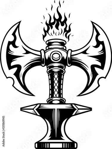 SVG vector features medieval fantasy demons with eldritch designs.Flaming Axes with Hammer and Flame Design Element