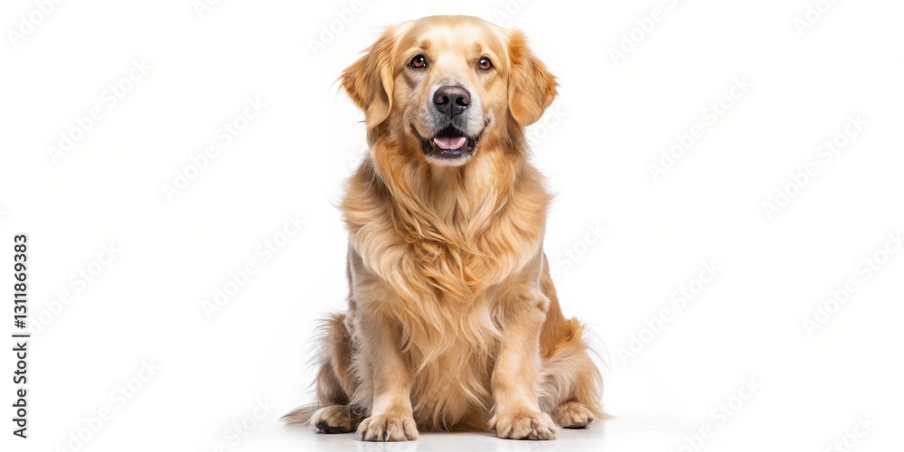 A Happy Golden Retriever Dog Sitting, Isolated on White Background, Perfect for Pet-Related Projects and Designs A Happy Golden Retriever Dog Sitting, Isolated on White Background, Perfect for Pet-Related Projects and Designs