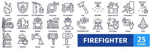 Firefighter icon se. with icon flame, fire prevention, fire extinguisher, fire hose, car accident, axe, sprinkler, house on fire, evacuation, fire sensor, fire truck, wildfire, helmet, fire station