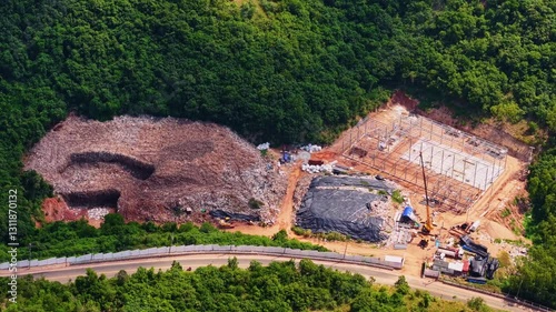 Aerial view Landfill garbage dump site in Koh Larn island of Thailand. Concept Asia ecological problem of plastic pollution. photo