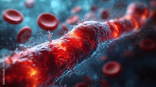 3D rendering of a blood clot inside the leg, detailed close-up of veins and arteries, showing obstruction and restricted blood flow, medical visualization