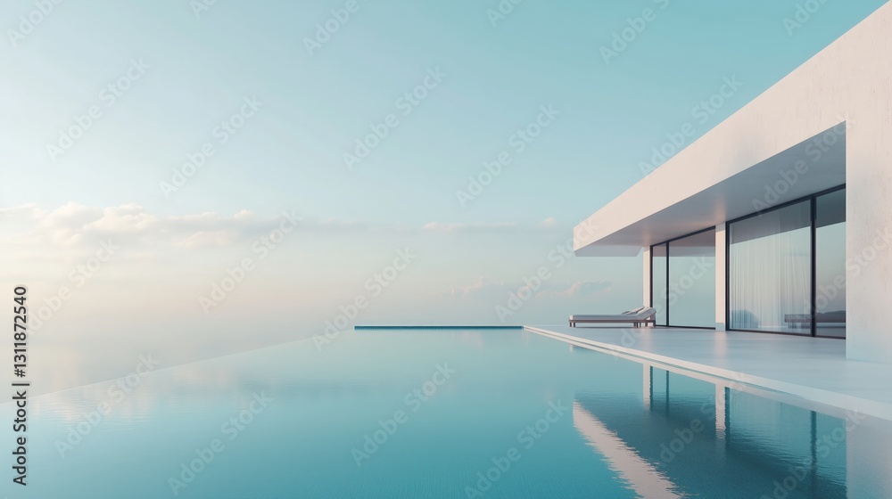 Luxury home overlooking infinity pool and ocean with relaxing loungers. Luxury home overlooking infinity pool and ocean with relaxing loungers.