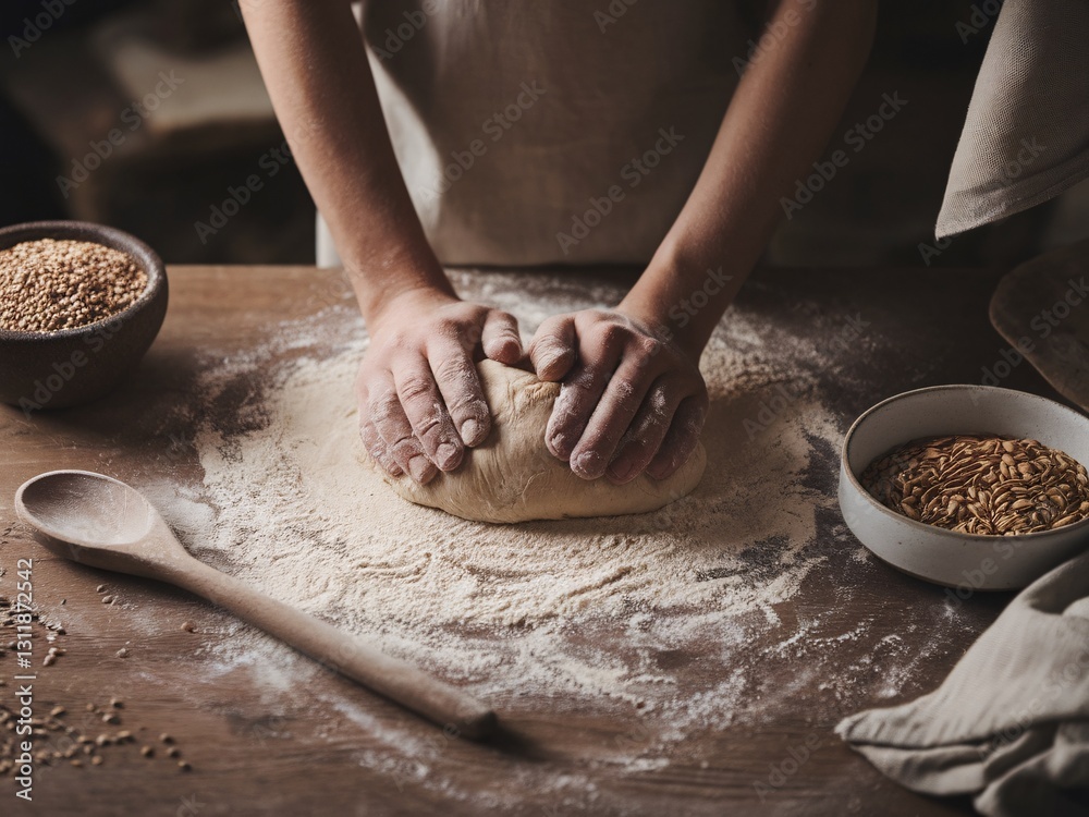 A close-up of a person's hands kneading dough on a wooden table, surrounded by grains and flour. A close-up of a person's hands kneading dough on a wooden table, surrounded by grains and flour.