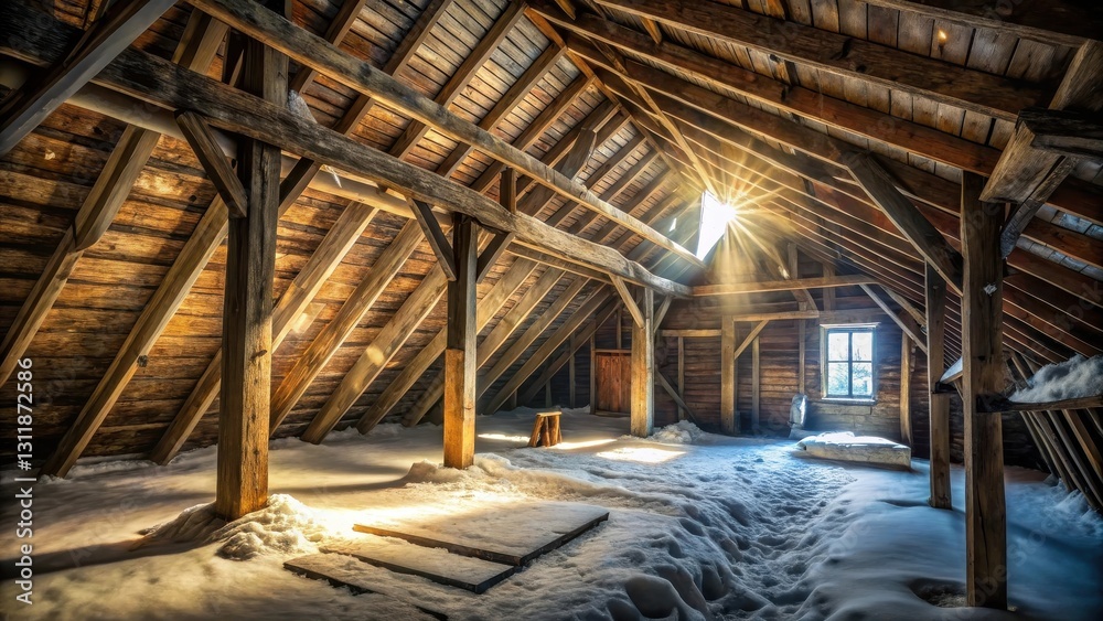 Sunlit Attic Space Filled with Winter Snow, Rustic Wooden Beams, and a Single Window Sunlit Attic Space Filled with Winter Snow, Rustic Wooden Beams, and a Single Window