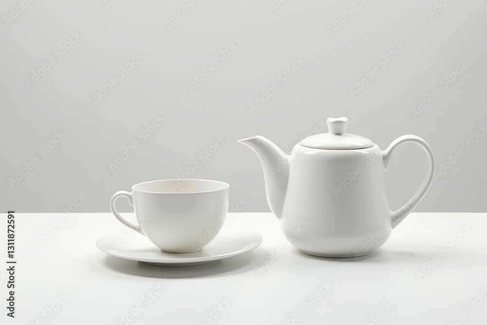 A white teapot beside a matching cup on table A white teapot beside a matching cup on table