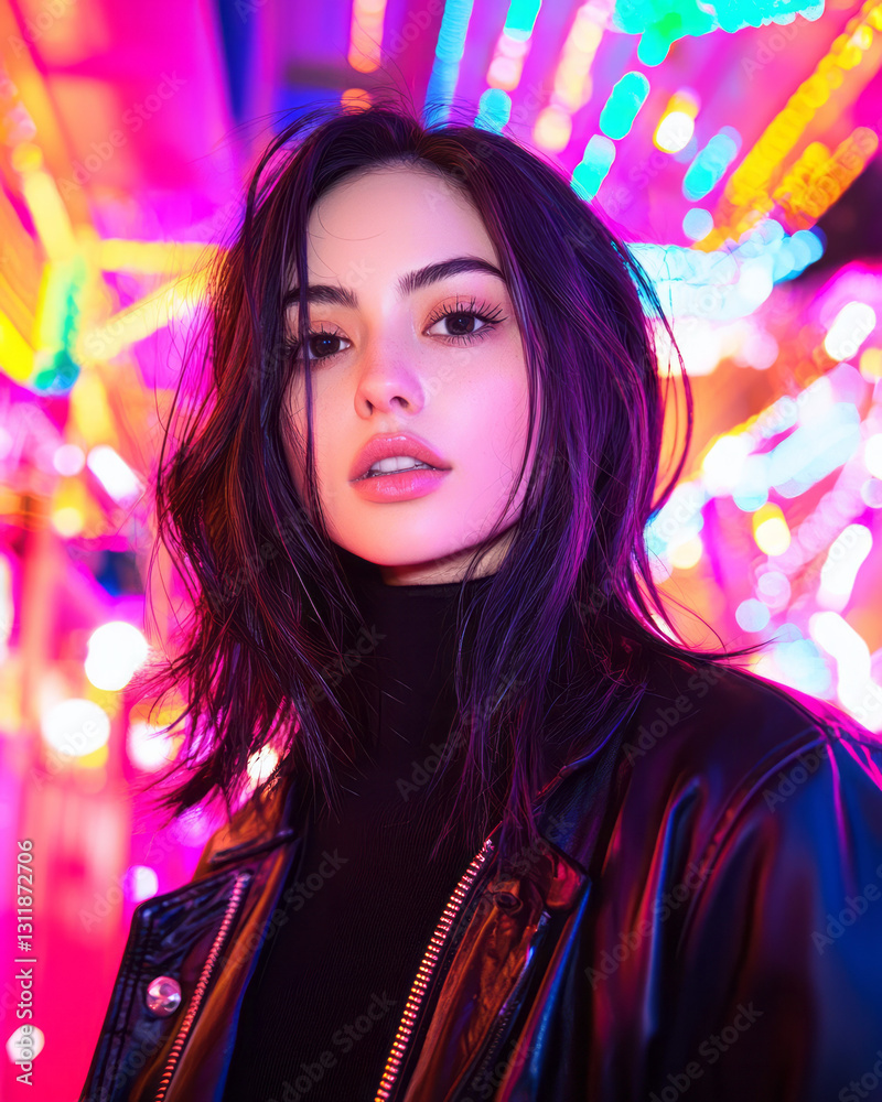 Naklejka premium Vibrant street-style selfie in a lively downtown setting, bursting with colorful lights and modern