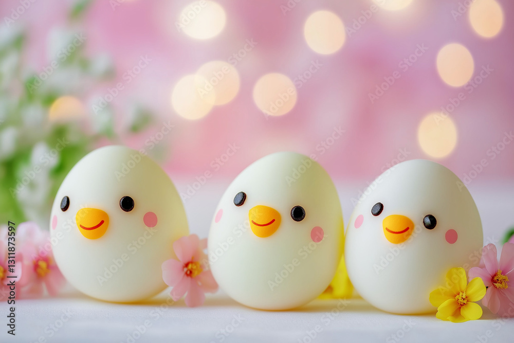 Boiled eggs in the shape of little chibi chicks, against an Easter-themed background. Boiled eggs in the shape of little chibi chicks, against an Easter-themed background.