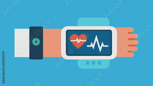 Wearable Health Monitor Closeup of a patients wrist wearing a hightech health monitoring device that shows heart rate pressure and oxygen levels on a bright digital screen.