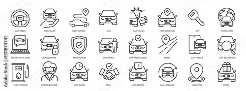 Set of collection line icons related car, dealer, rent, automobile. Editable stroke. Perfect pixel on transparent background