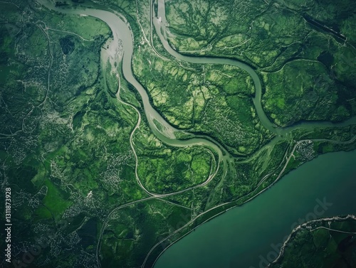 Verdant arteries, A mesmerizing aerial view of river meandering through lush terrain