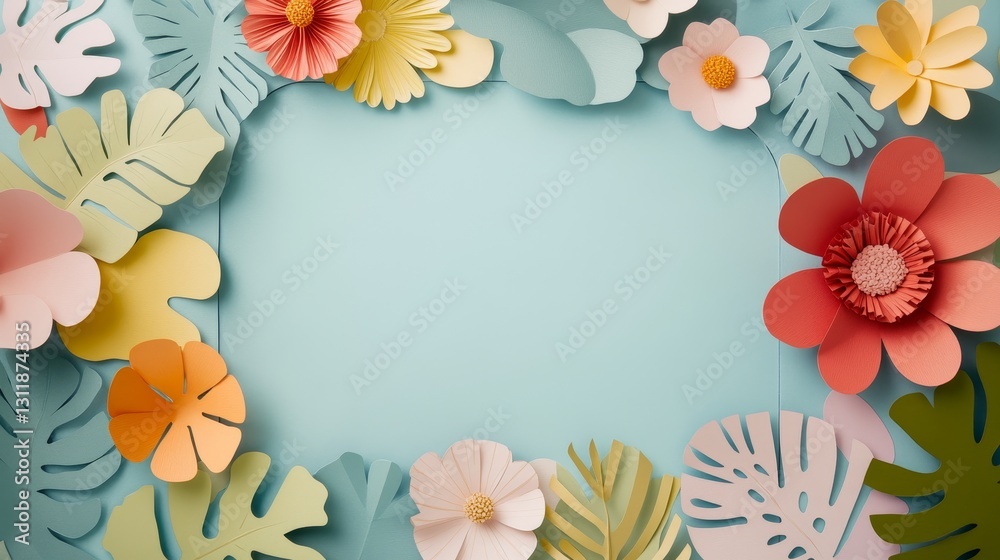 Flower frame with pastel paper flowers and leaves on light blue background, decorative floral layout for text or product placement, tropical blossom art Flower frame with pastel paper flowers and leaves on light blue background, decorative floral layout for text or product placement, tropical blossom art