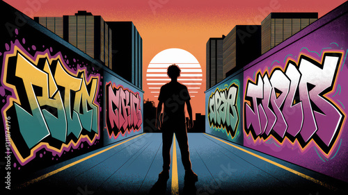Urban Youth Silhouette Against Sunset Cityscape Featuring Vibrant Graffiti and Creative Street Art