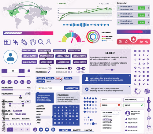 Set of UI/UX elements for websites and mobile applications: buttons, forms, menus, panels, icons, login, payment, rating. Modern design for convenient interaction and business planning