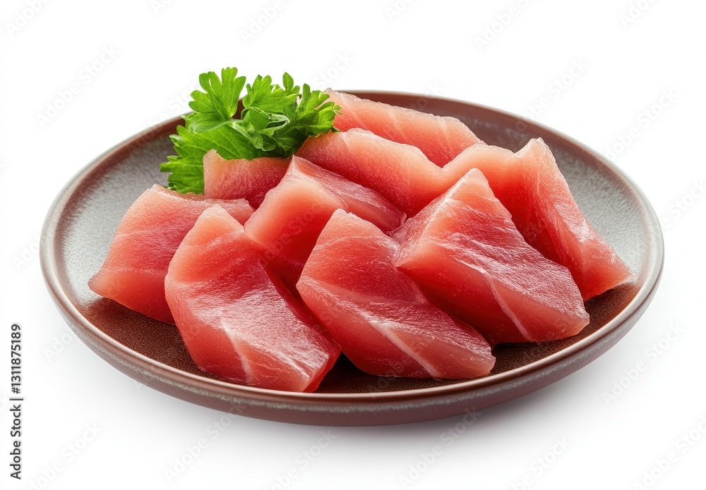 Fresh raw tuna sashimi placed on a brown plate garnished with green parsley on a white background perfect for culinary or food-related projects Fresh raw tuna sashimi placed on a brown plate garnished with green parsley on a white background perfect for culinary or food-related projects
