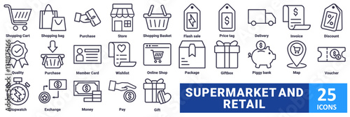 Retail and Supermarket icon set. with icon shopping cart, shopping bag, purchase, store, shopping basket, flash sale, price tag, delivery, invoice, discount, quality, purchase, member card, wishlist