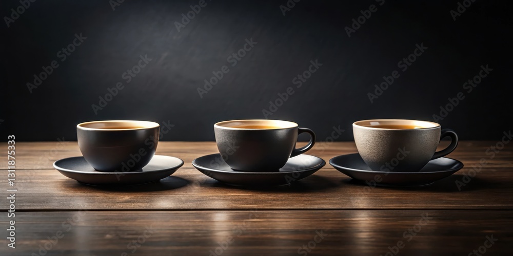 Three steaming cups of hot beverage rest on saucers, arranged in a row on a dark wooden surface against a moody backdrop. Three steaming cups of hot beverage rest on saucers, arranged in a row on a dark wooden surface against a moody backdrop.