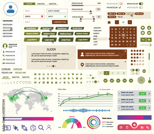 Set of UI/UX elements for websites and mobile applications: buttons, forms, menus, panels, icons, login, payment, rating. Modern design for convenient interaction and business planning