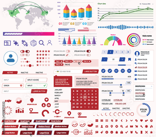 Set of UI/UX elements for websites and mobile applications: buttons, forms, menus, panels, icons, login, payment, rating. Modern design for convenient interaction and business planning