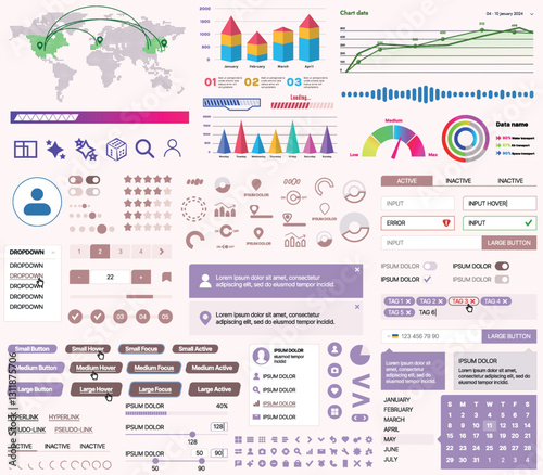 Set of UI/UX elements for websites and mobile applications: buttons, forms, menus, panels, icons, login, payment, rating. Modern design for convenient interaction and business planning