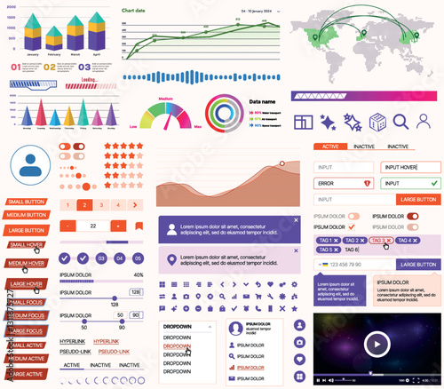 Set of UI/UX elements for websites and mobile applications: buttons, forms, menus, panels, icons, login, payment, rating. Modern design for convenient interaction and business planning