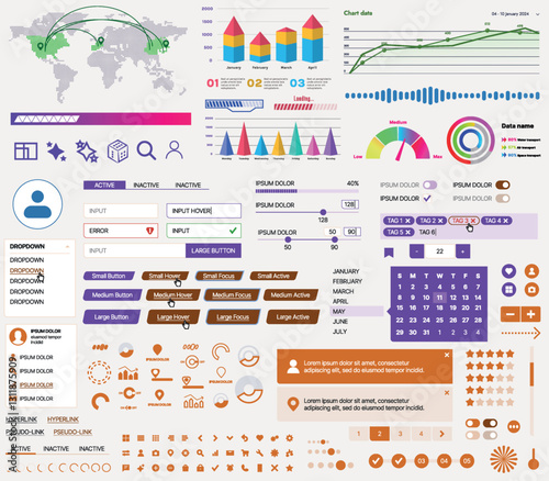 Set of UI/UX elements for websites and mobile applications: buttons, forms, menus, panels, icons, login, payment, rating. Modern design for convenient interaction and business planning