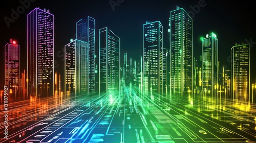 Futuristic Cityscape with Digital Overlay and Colorful Lights at Night