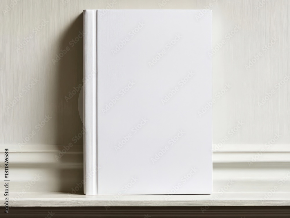 White hardcover book standing upright against a white wall with paneling and a shelf White hardcover book standing upright against a white wall with paneling and a shelf