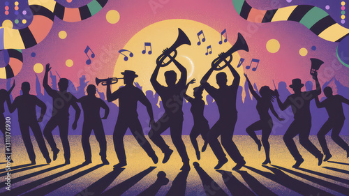 Silhouetted Dance Party with Vibrant Music and Instruments at Night Festival Celebration