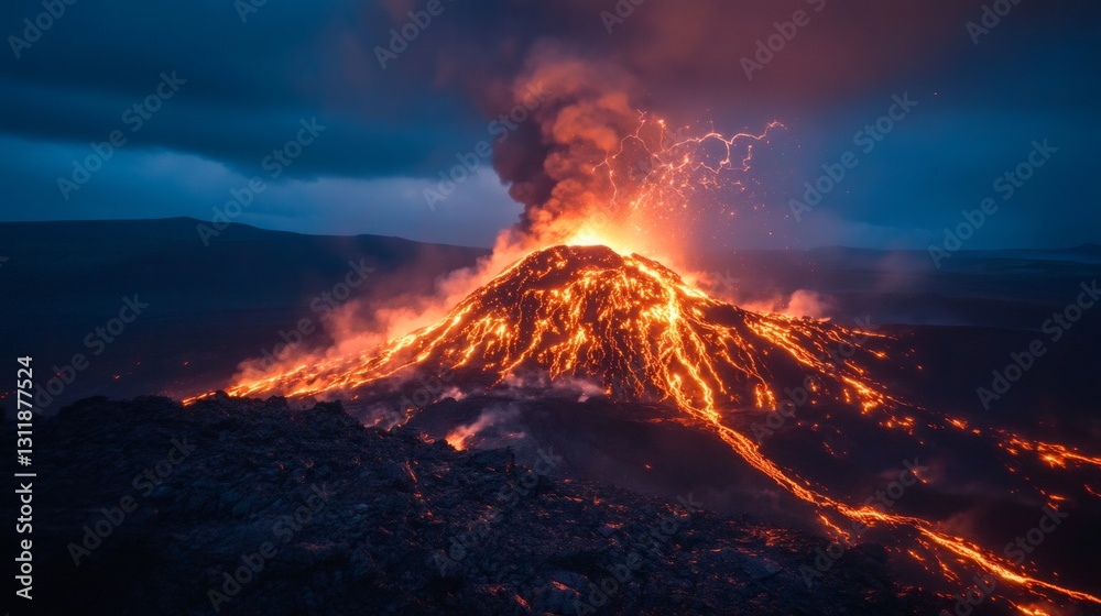 Fototapeta premium Volcanic Fury: A dramatic display of nature's raw power unfolds as a volcano erupts, spewing fiery lava and ash into the night sky, with lightning illuminating the scene.