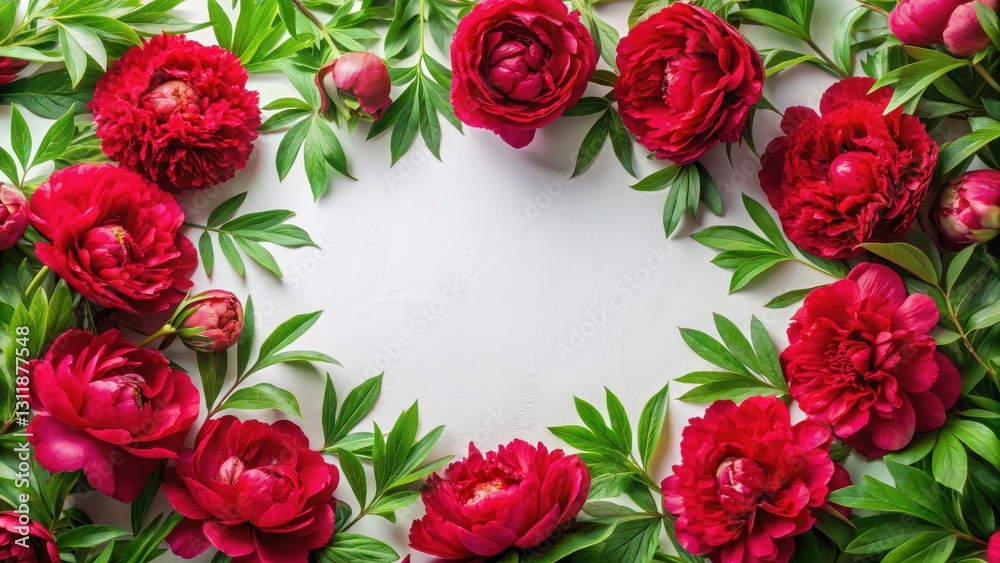 Crimson Peonies and Lush Greenery Create a Vibrant Floral Frame on a Light Background, Perfect for Announcements or Invitations Crimson Peonies and Lush Greenery Create a Vibrant Floral Frame on a Light Background, Perfect for Announcements or Invitations