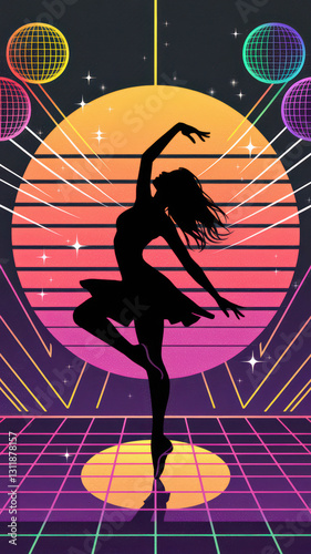 Silhouette of Dancer Twirling in Retro Neon Lights at Vibrant Nightclub Party Celebration
