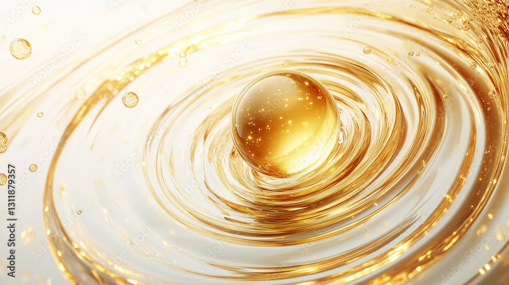 Fototapeta premium Gold energy ball, spiral light effect, transparent glass ball,glossy material, 3d render, luxury skincare essence molecules, abstract liquid ripples, liquid wave