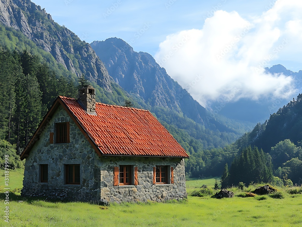 Stone cabin with red roof in mountain valley. Stone cabin with red roof in mountain valley.