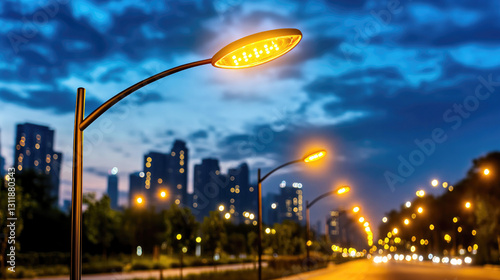 Modern street led lighting poles in urban setting during twilight, ideal for cityscape and energy efficiency design