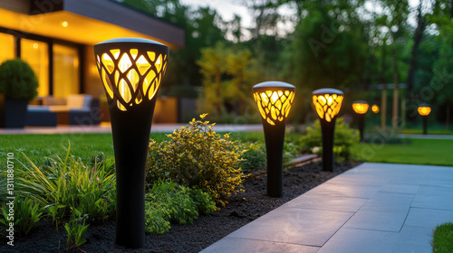 Modern garden illumination with led light posts in serene backyard setting at dusk